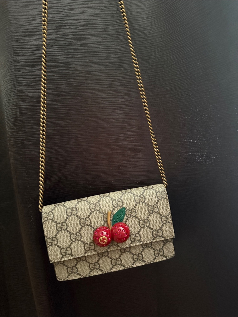 Gucci Beige/Gray GG Supreme Crossbody with Red Cherry Accent
